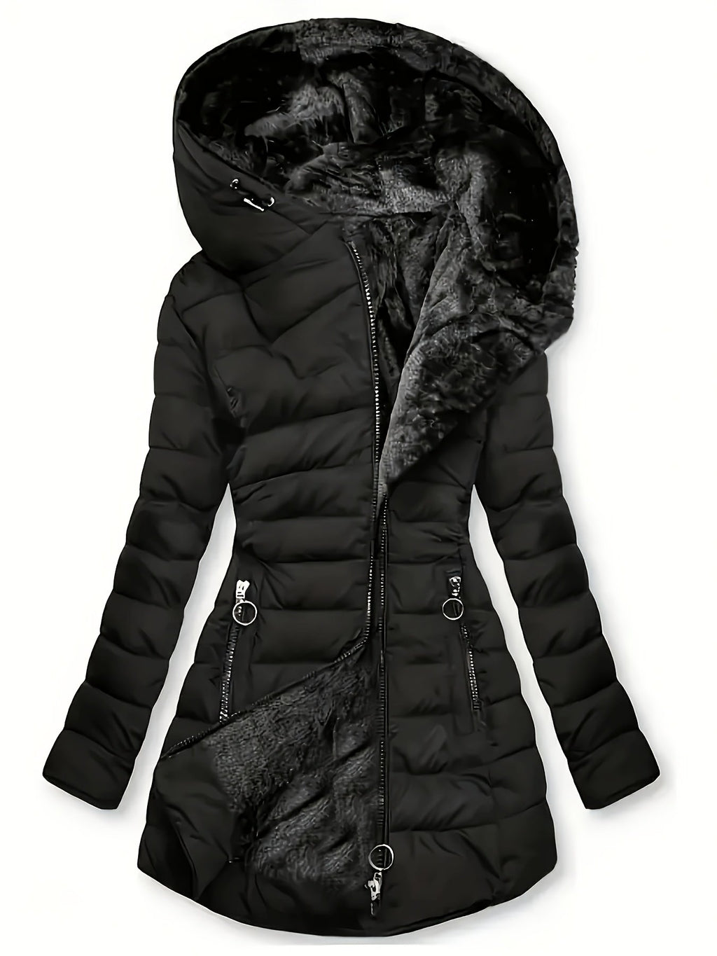 Waist detail showing the cinched shape of the women's winter coat