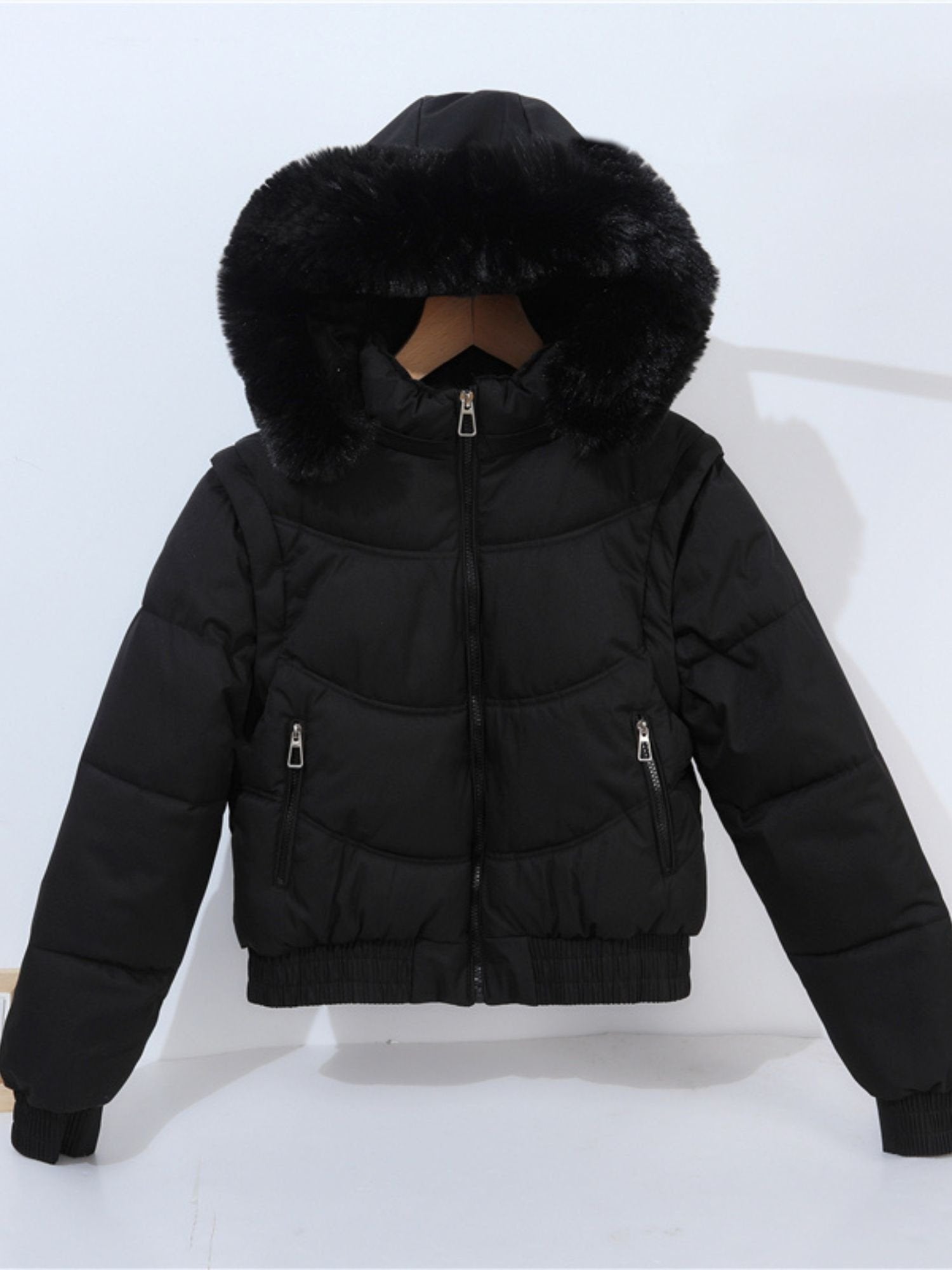 Coffee brown hooded padded coat for women with large collar