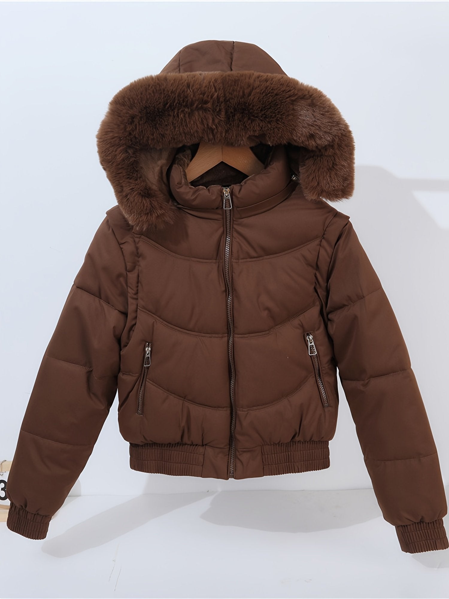 Khaki sporty padded jacket for women with detachable sleeves