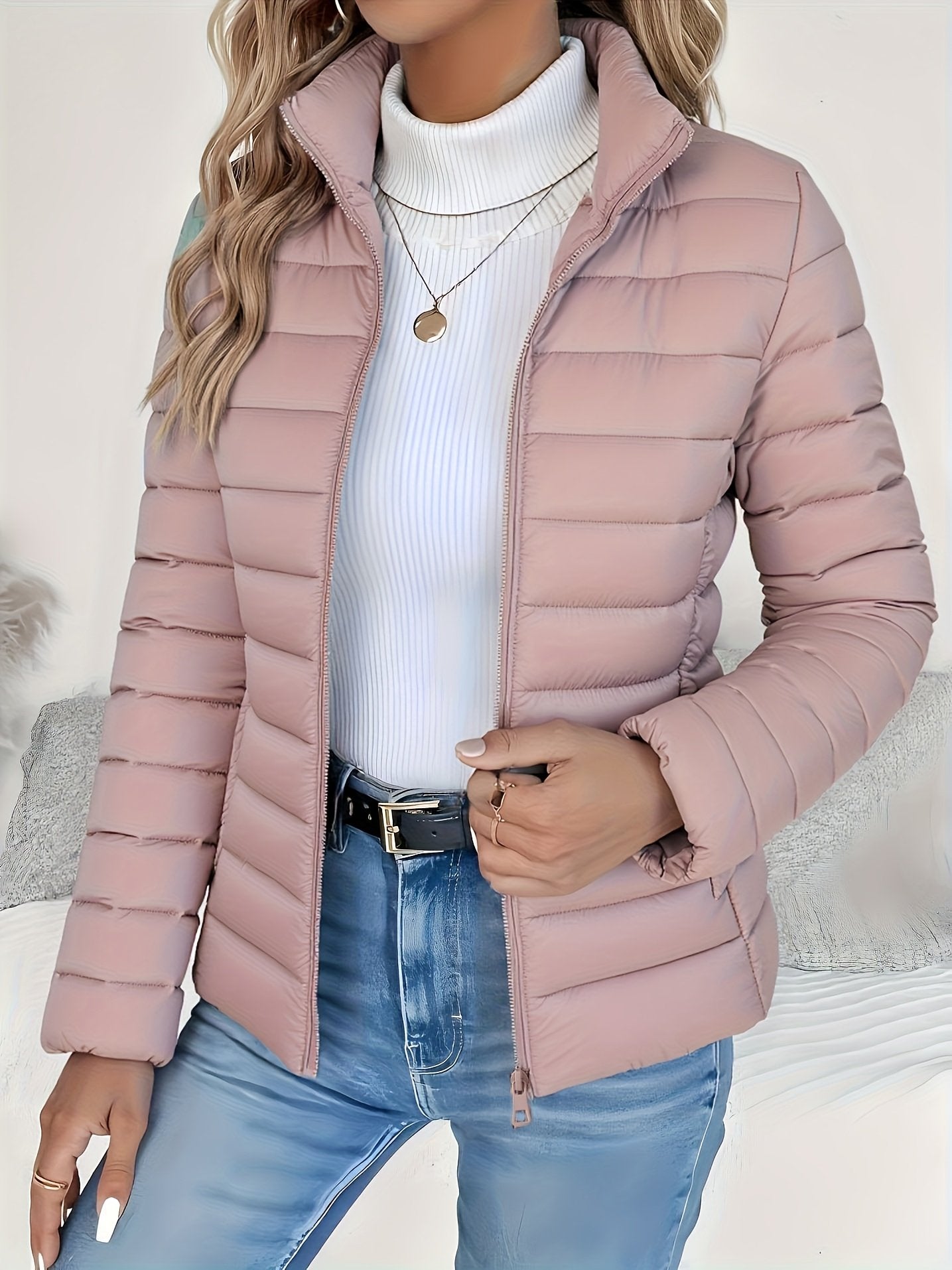 Peacock blue padded cropped jacket for women styled with denim
