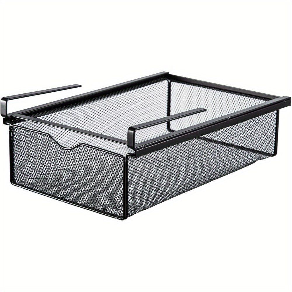 Black metal mesh pull-out drawer holding folded underwear and socks