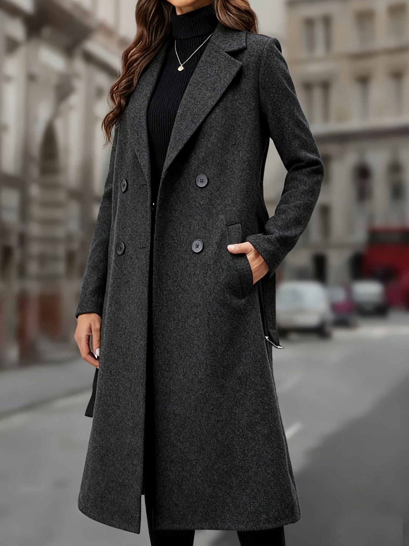 Close-up of the button placket and lapel detail on the women's long trench coat