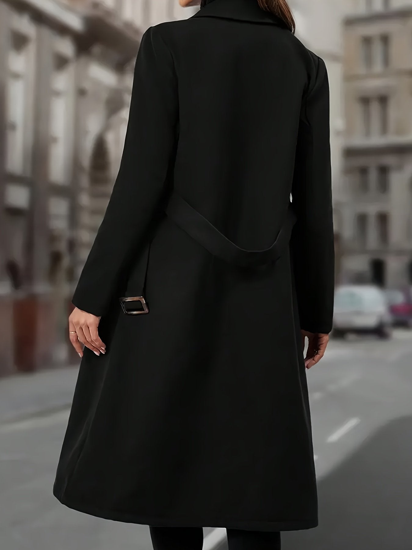 Side view of the elegant H-line women's trench coat showing the below-knee hemline